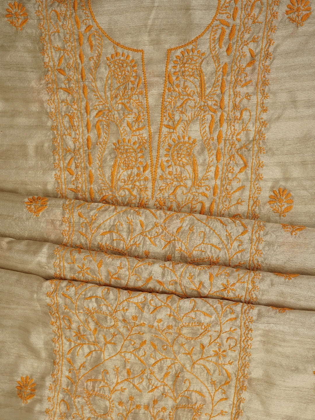 Ada Hand Embroidered Fawn Silk Lucknowi Chikankari Unstitched Kurta Dupatta Set 01A958725