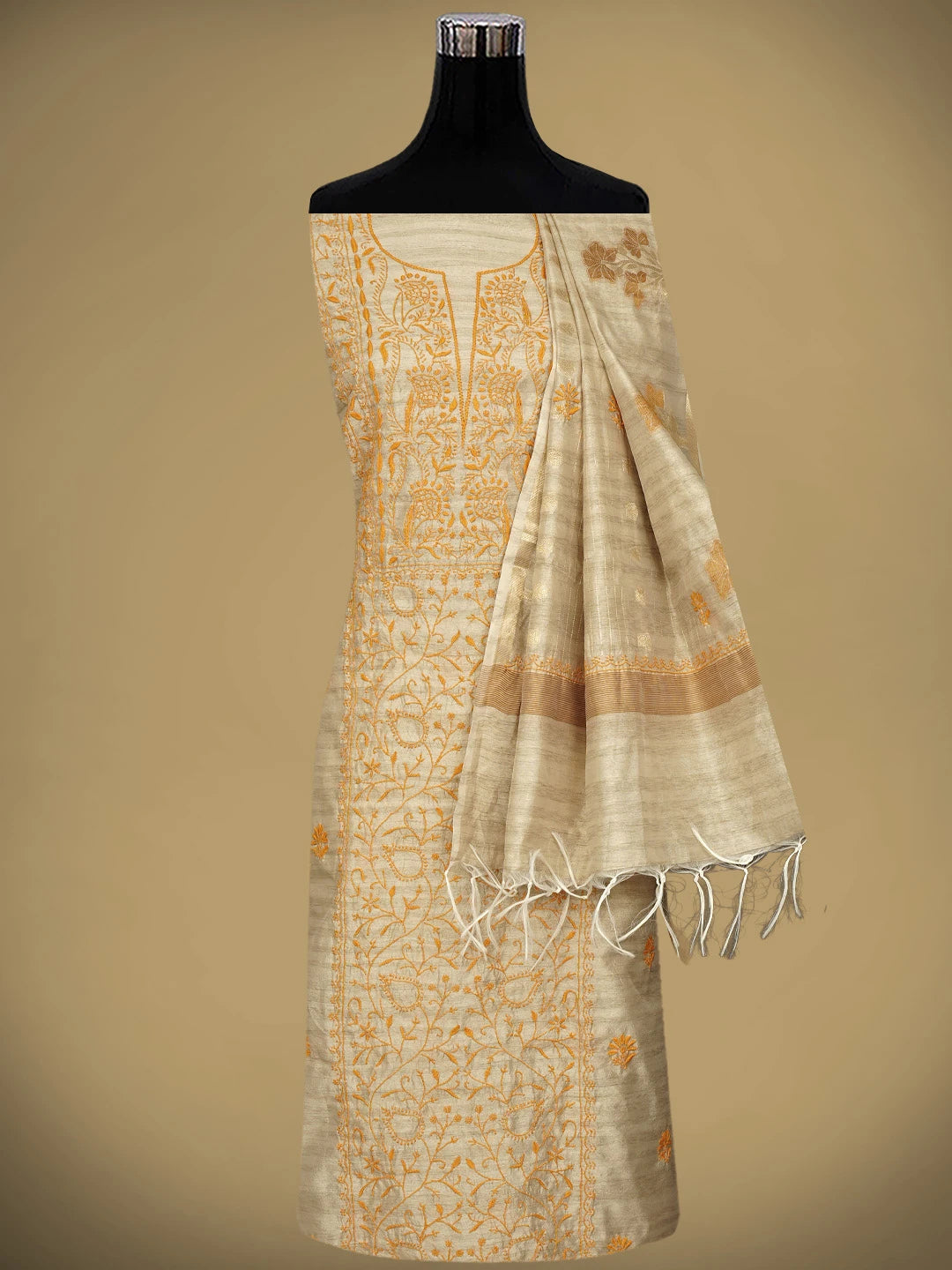 Ada Hand Embroidered Fawn Silk Lucknowi Chikankari Unstitched Kurta Dupatta Set 01A958725