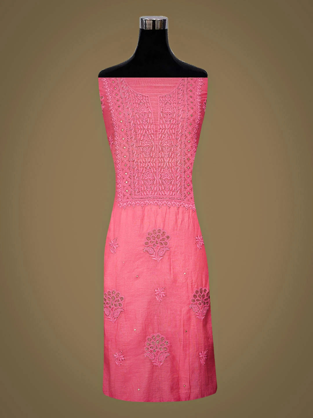 Ada Hand Embroidered Carrot Pink Chanderi Lucknowi Chikankari Unstitched Kurta Dupatta Set With Muqaish/Mukaish Work 01A911491
