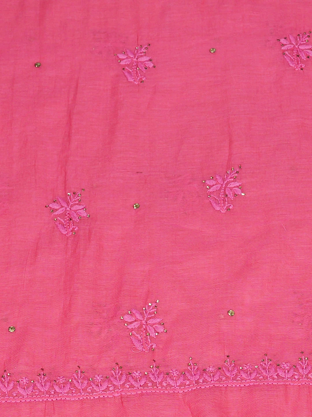 Ada Hand Embroidered Carrot Pink Chanderi Lucknowi Chikankari Unstitched Kurta Dupatta Set With Muqaish/Mukaish Work 01A911491