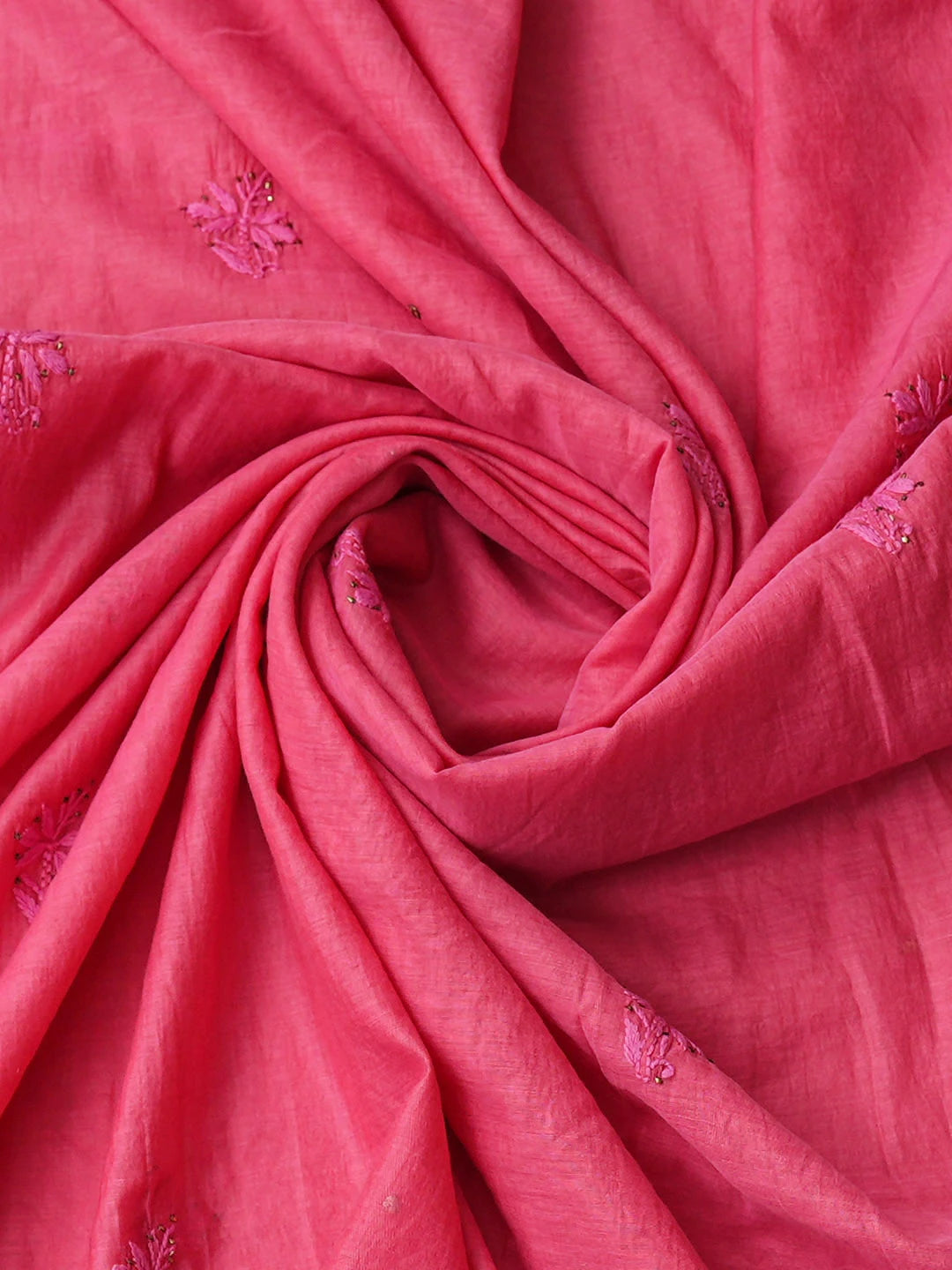 Ada Hand Embroidered Carrot Pink Chanderi Lucknowi Chikankari Unstitched Kurta Dupatta Set With Muqaish/Mukaish Work 01A911491