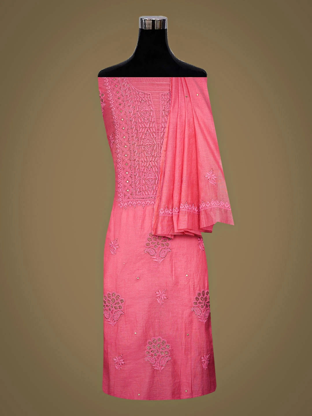 Ada Hand Embroidered Carrot Pink Chanderi Lucknowi Chikankari Unstitched Kurta Dupatta Set With Muqaish/Mukaish Work 01A911491