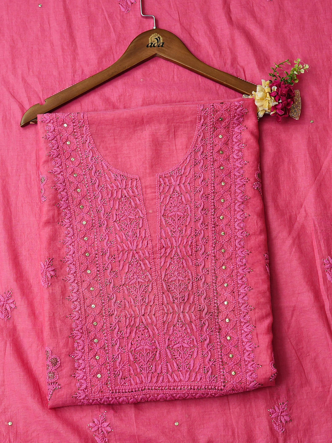 Ada Hand Embroidered Carrot Pink Chanderi Lucknowi Chikankari Unstitched Kurta Dupatta Set With Muqaish/Mukaish Work 01A911491