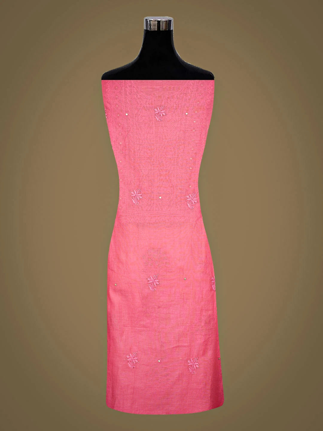 Ada Hand Embroidered Carrot Pink Chanderi Lucknowi Chikankari Unstitched Kurta Dupatta Set With Muqaish/Mukaish Work 01A911491