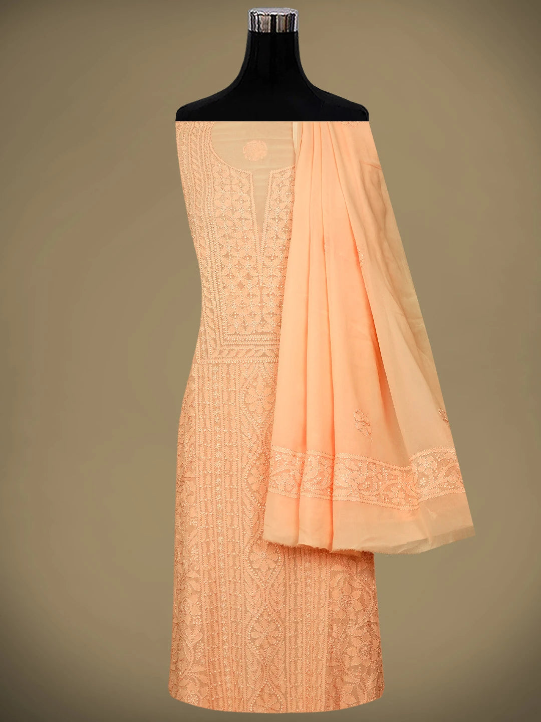 Ada Hand Embroidered Peach Viscose Georgette Lucknowi Chikankari Unstitched Kurta Dupatta Set 01A962443