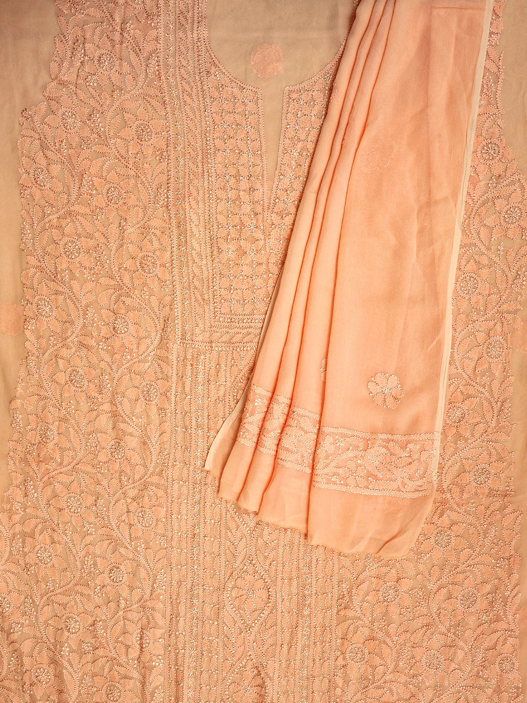 Ada Hand Embroidered Peach Viscose Georgette Lucknowi Chikankari Unstitched Kurta Dupatta Set 01A962443