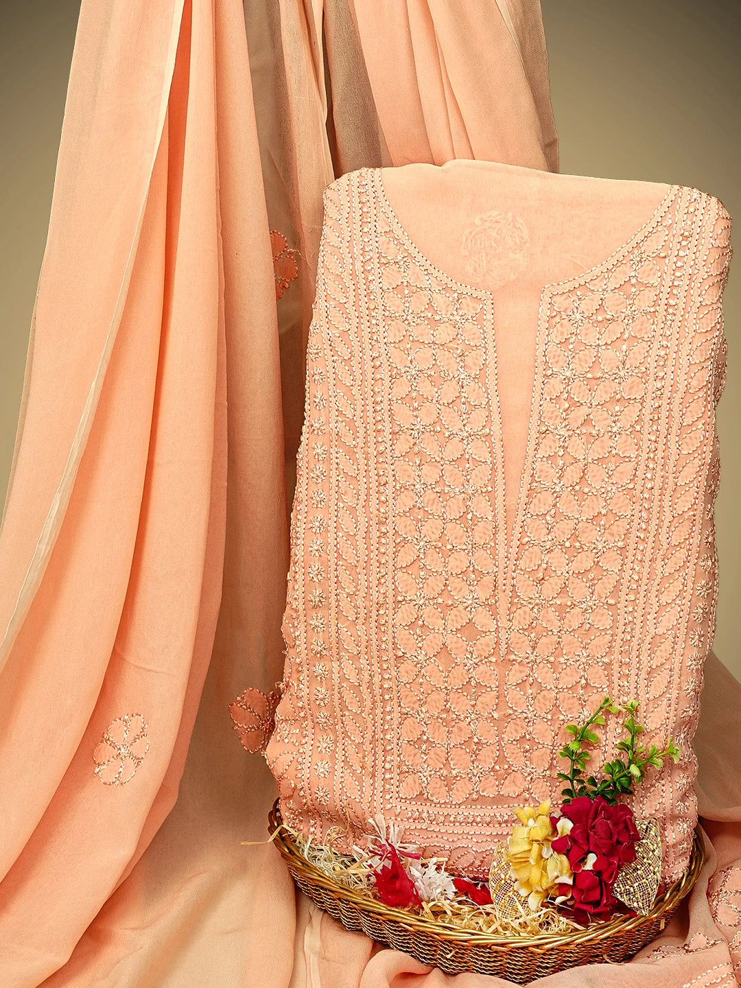 Ada Hand Embroidered Peach Viscose Georgette Lucknowi Chikankari Unstitched Kurta Dupatta Set 01A962443