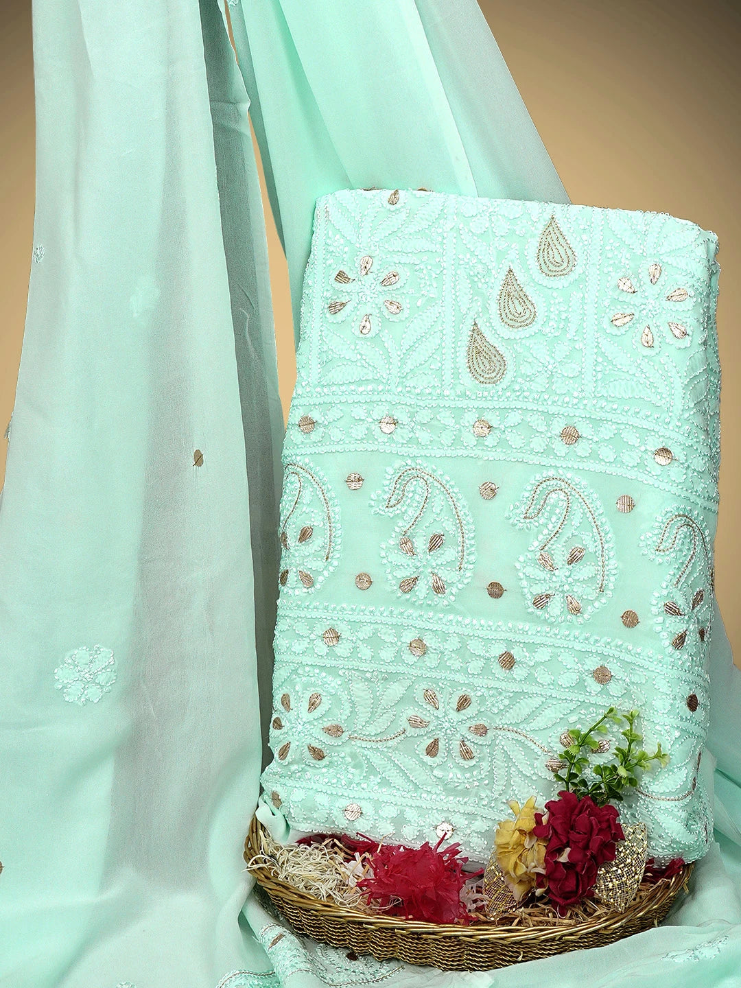 Ada Hand Embroidered Ice Blue Viscose Georgette Lucknowi Chikankari Unstitched Kurta Dupatta Set With Zari Work 01A962458