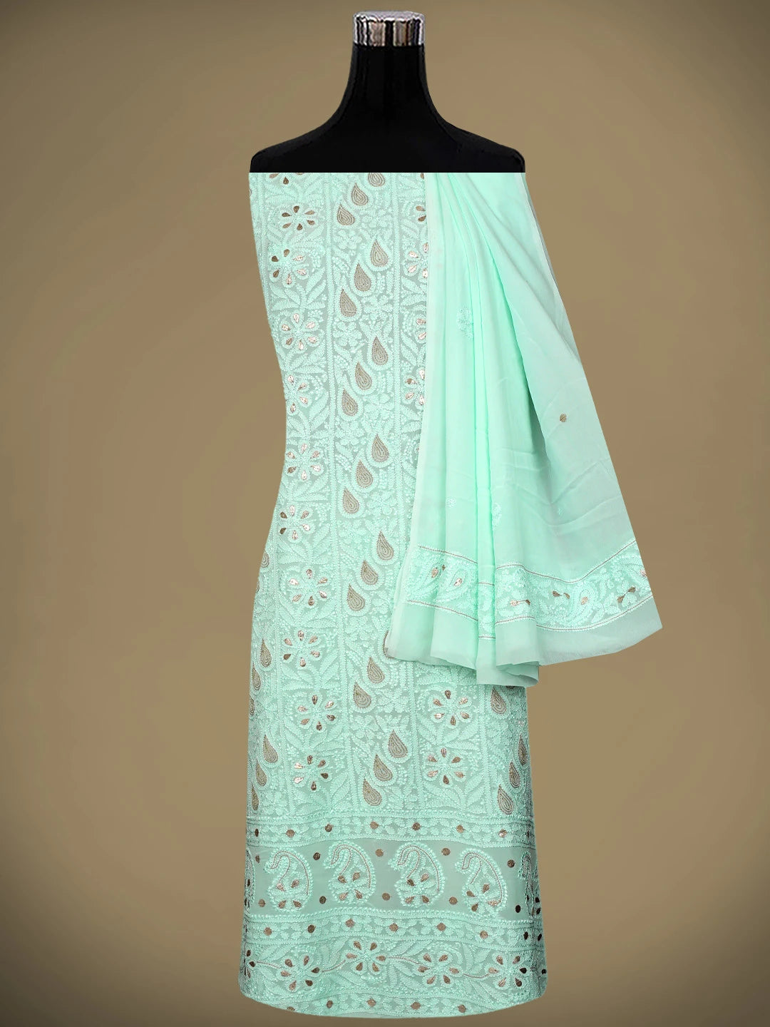 Ada Hand Embroidered Ice Blue Viscose Georgette Lucknowi Chikankari Unstitched Kurta Dupatta Set With Zari Work 01A962458
