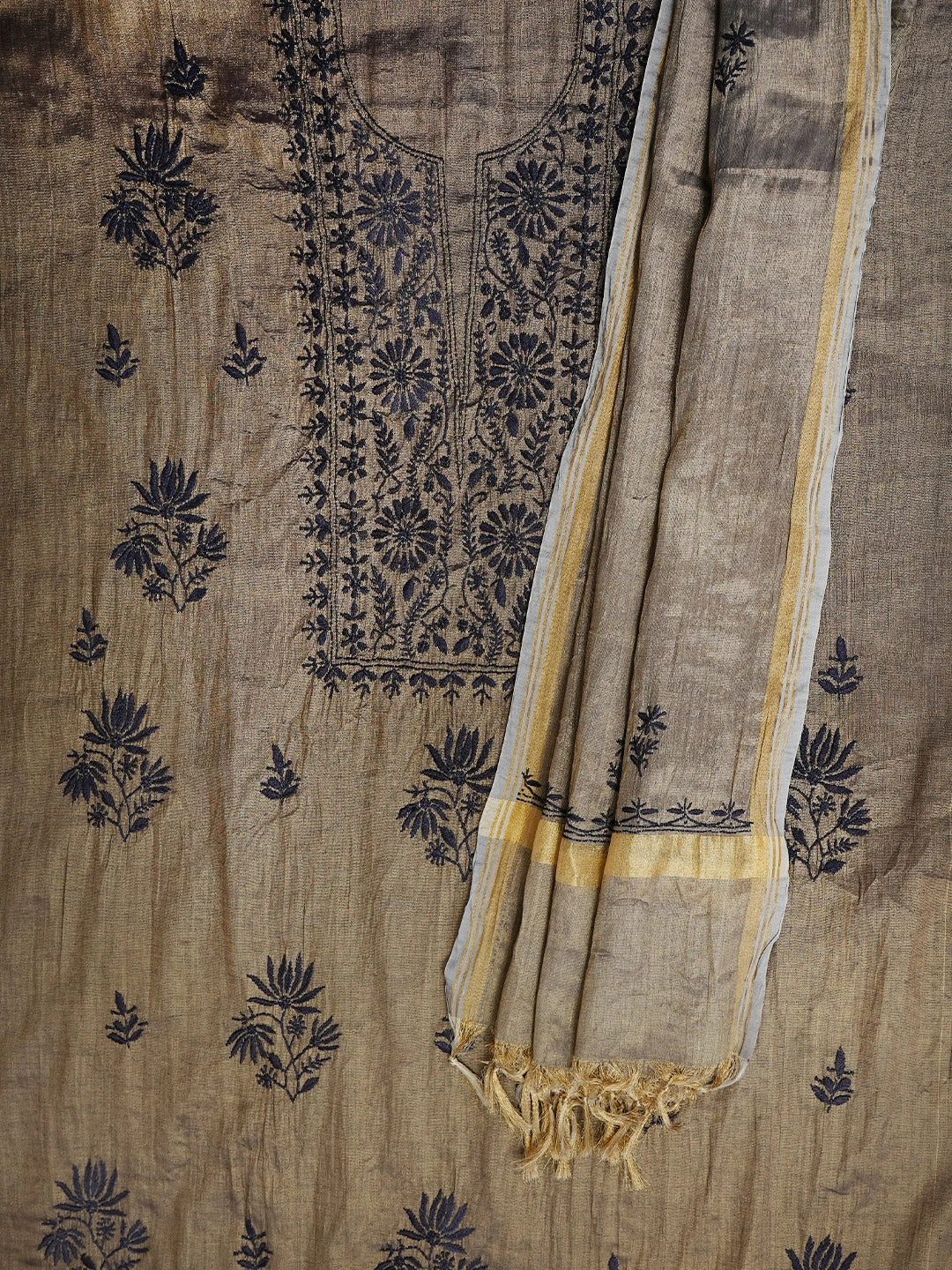 Ada Hand Embroidered Cedar Brown Tissue Lucknowi Chikankari Unstitched Kurta Dupatta Set 01A948057