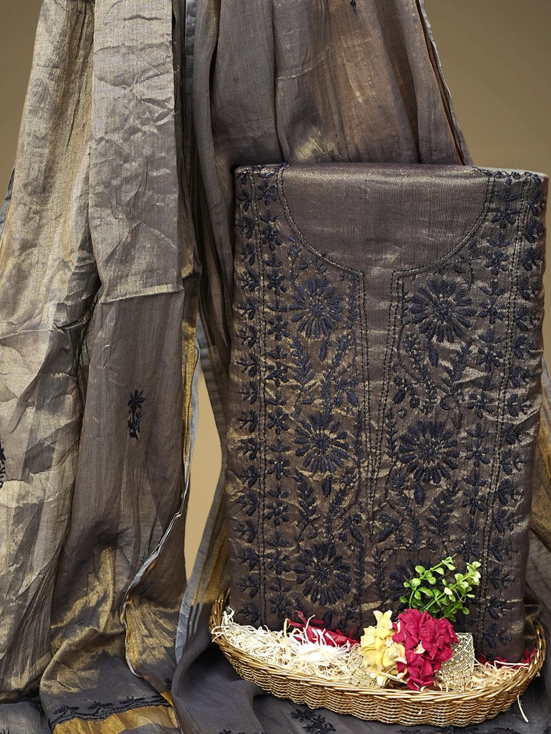 Ada Hand Embroidered Cedar Brown Tissue Lucknowi Chikankari Unstitched Kurta Dupatta Set 01A948057