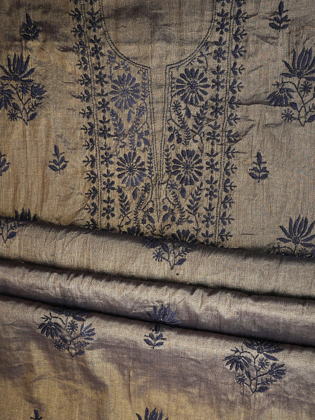 Ada Hand Embroidered Cedar Brown Tissue Lucknowi Chikankari Unstitched Kurta Dupatta Set 01A948057