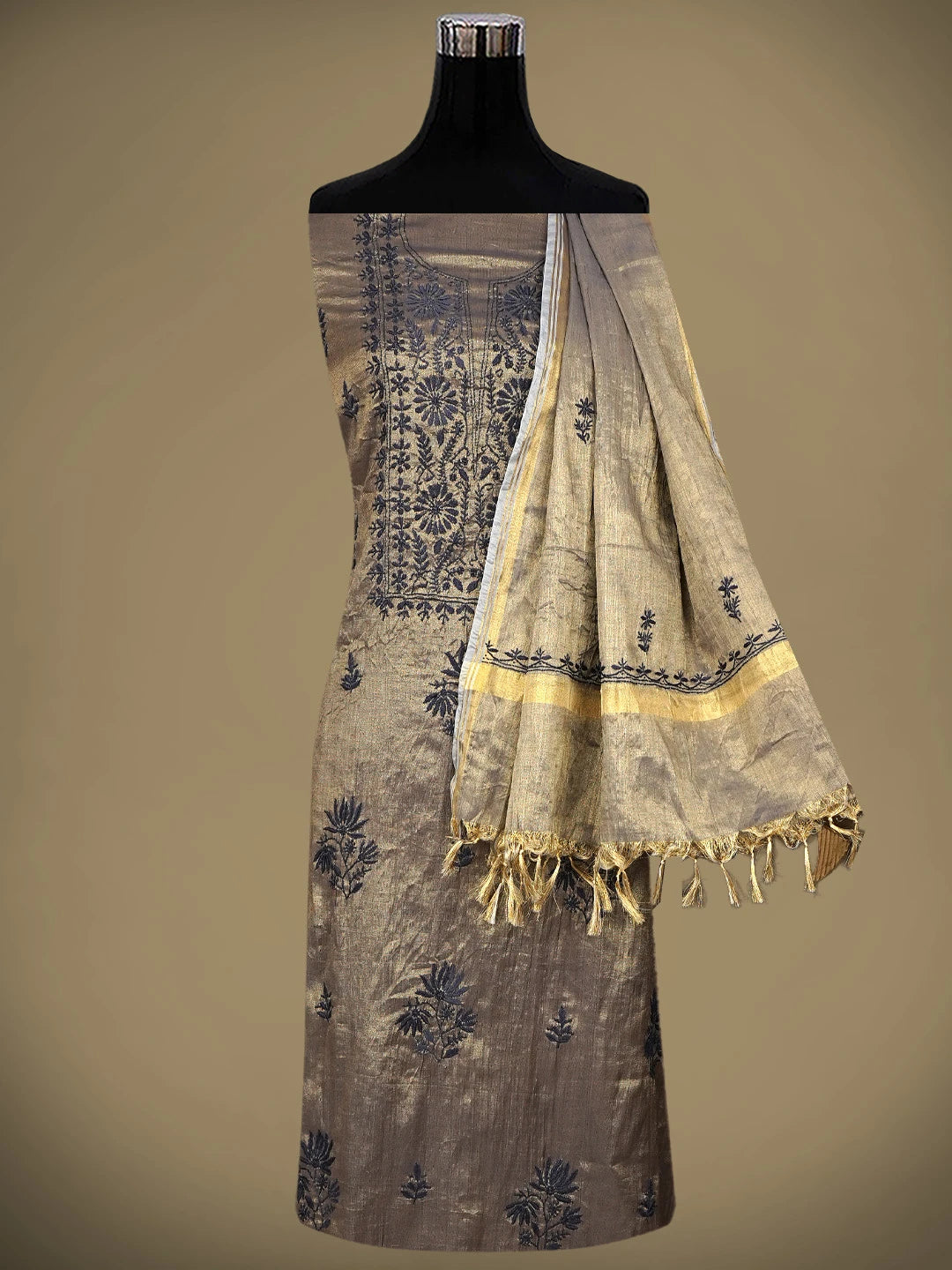 Ada Hand Embroidered Cedar Brown Tissue Lucknowi Chikankari Unstitched Kurta Dupatta Set 01A948057