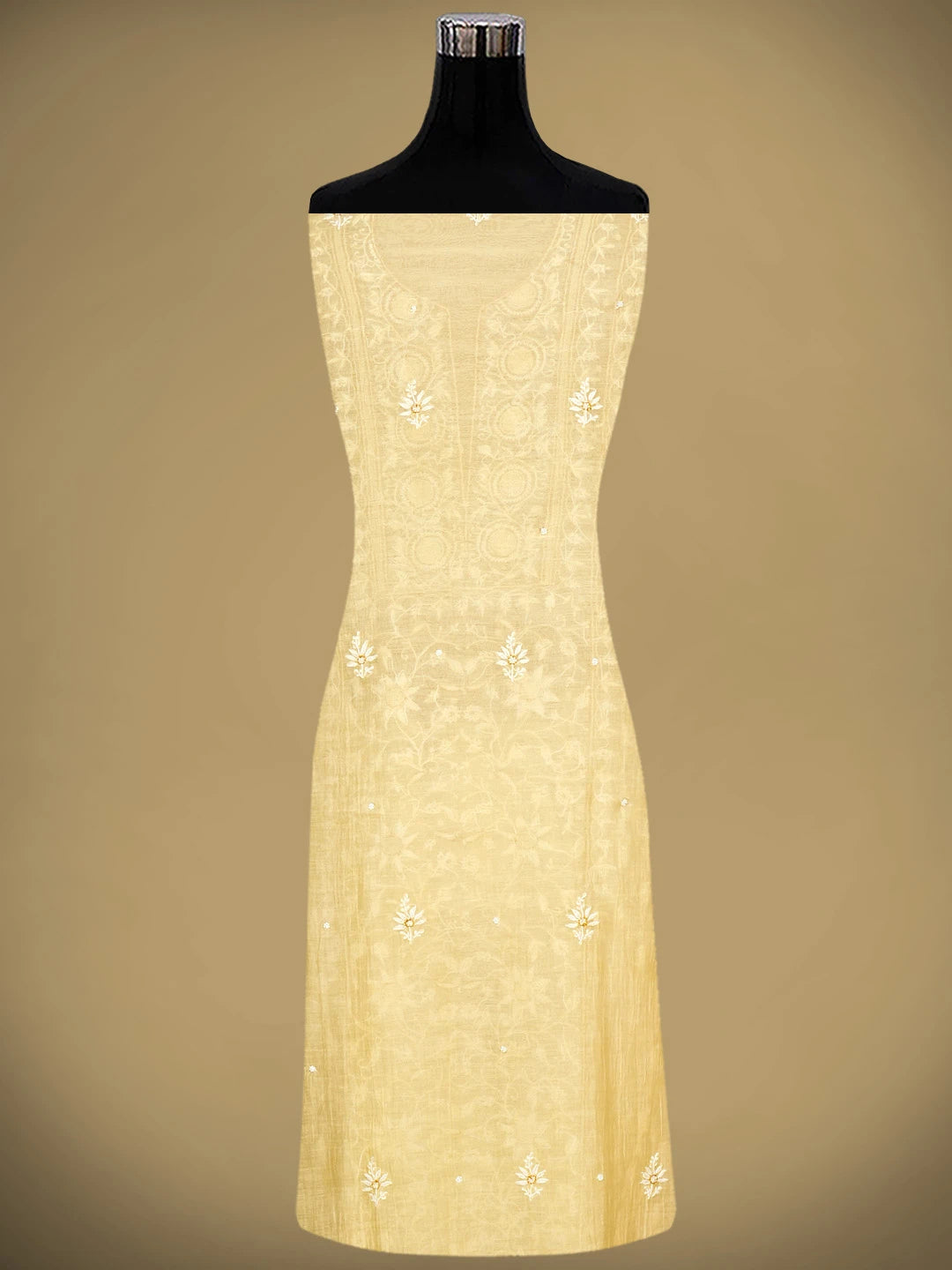 Ada Hand Embroidered Beige Chanderi Lucknowi Chikankari Unstitched Kurta Dupatta Set With Pearl Work 01A710921
