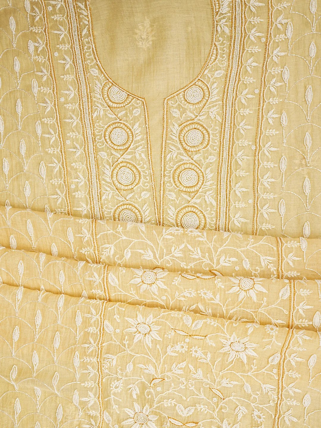 Ada Hand Embroidered Beige Chanderi Lucknowi Chikankari Unstitched Kurta Dupatta Set With Pearl Work 01A710921