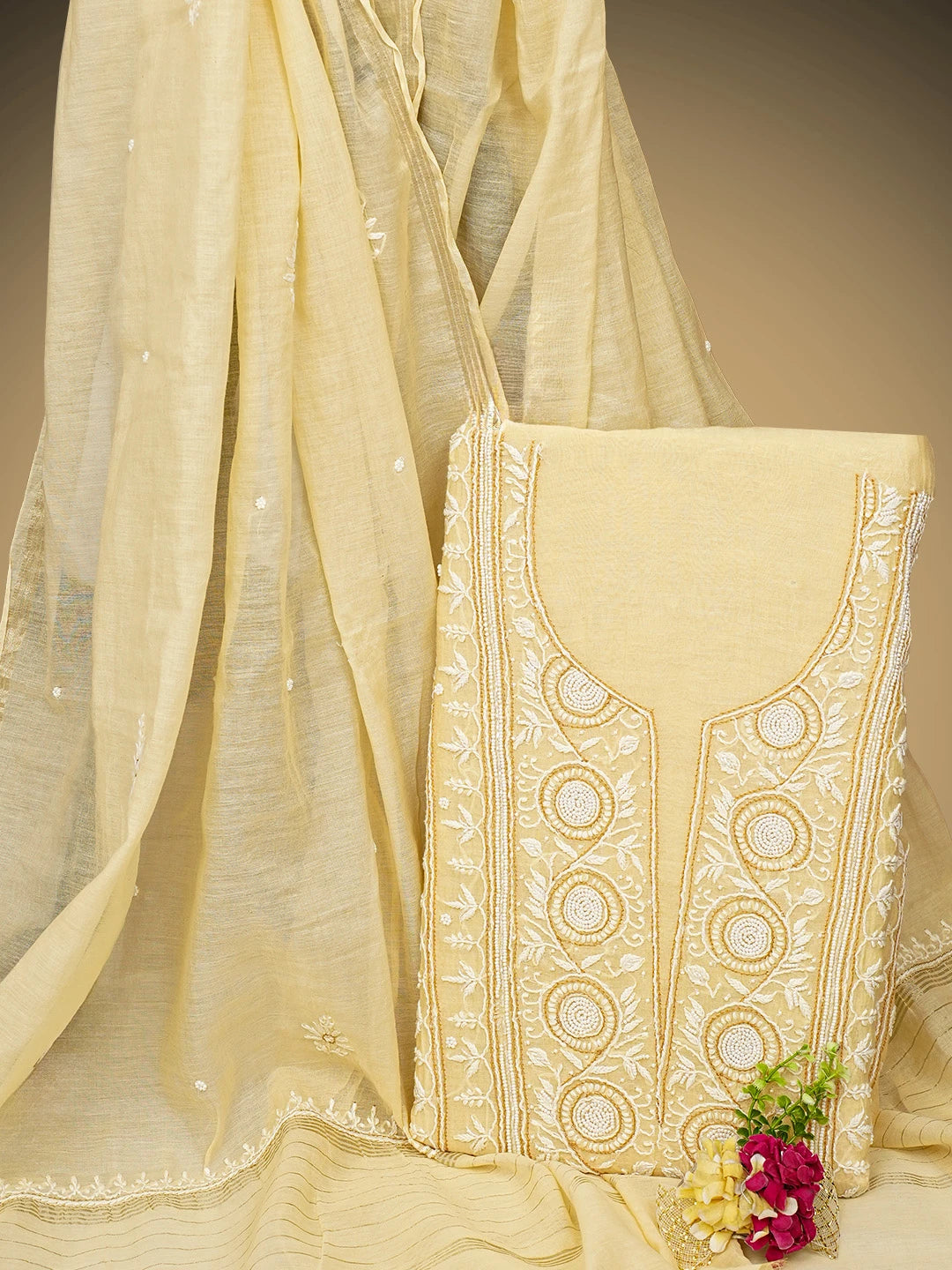 Ada Hand Embroidered Beige Chanderi Lucknowi Chikankari Unstitched Kurta Dupatta Set With Pearl Work 01A710921