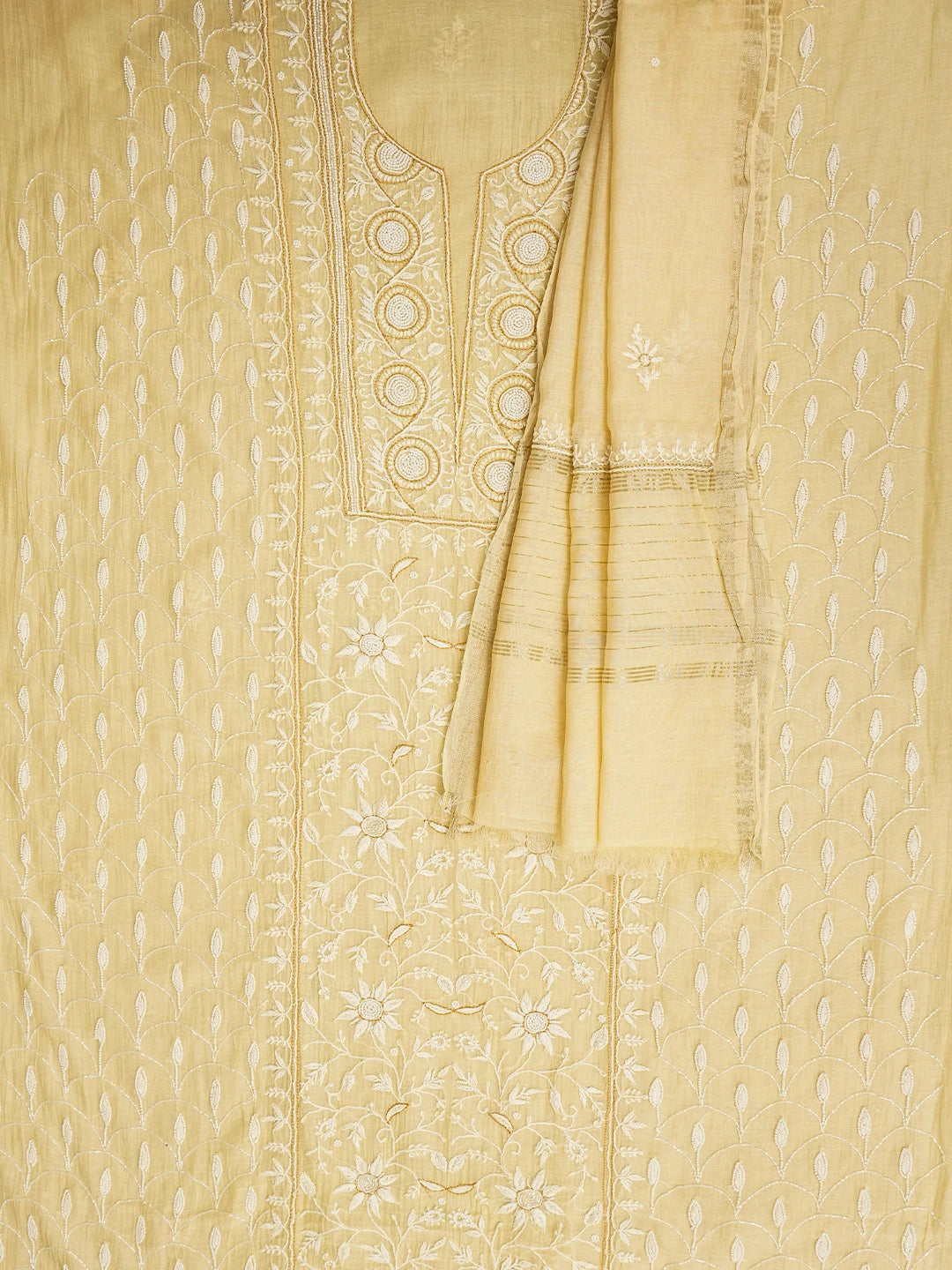 Ada Hand Embroidered Beige Chanderi Lucknowi Chikankari Unstitched Kurta Dupatta Set With Pearl Work 01A710921