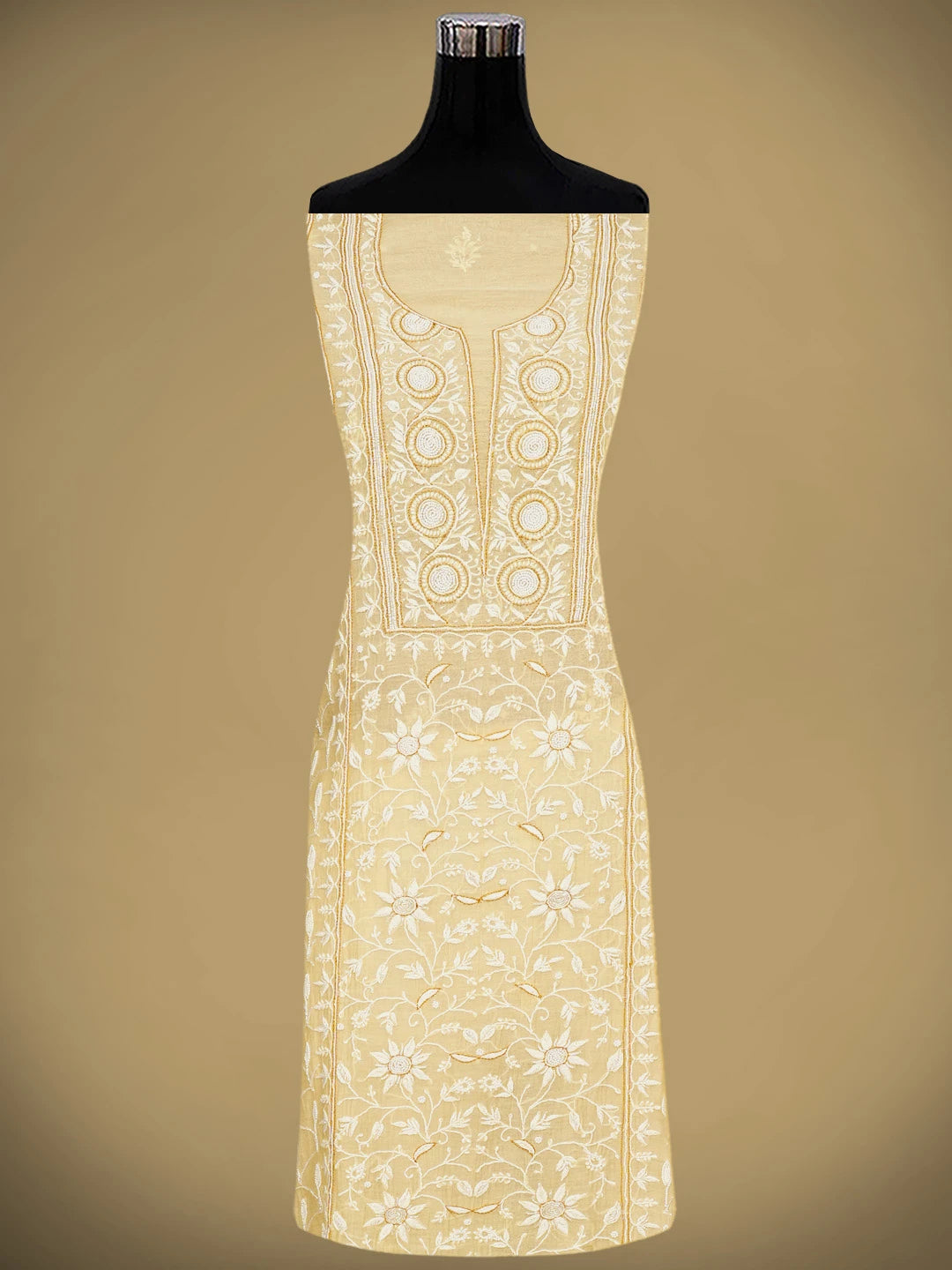 Ada Hand Embroidered Beige Chanderi Lucknowi Chikankari Unstitched Kurta Dupatta Set With Pearl Work 01A710921