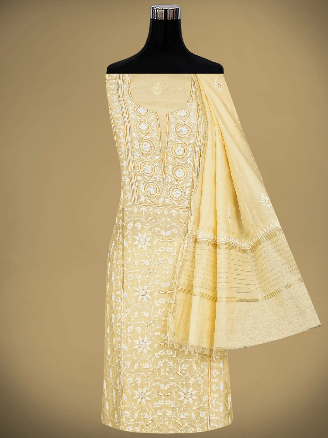 Ada Hand Embroidered Beige Chanderi Lucknowi Chikankari Unstitched Kurta Dupatta Set With Pearl Work 01A710921