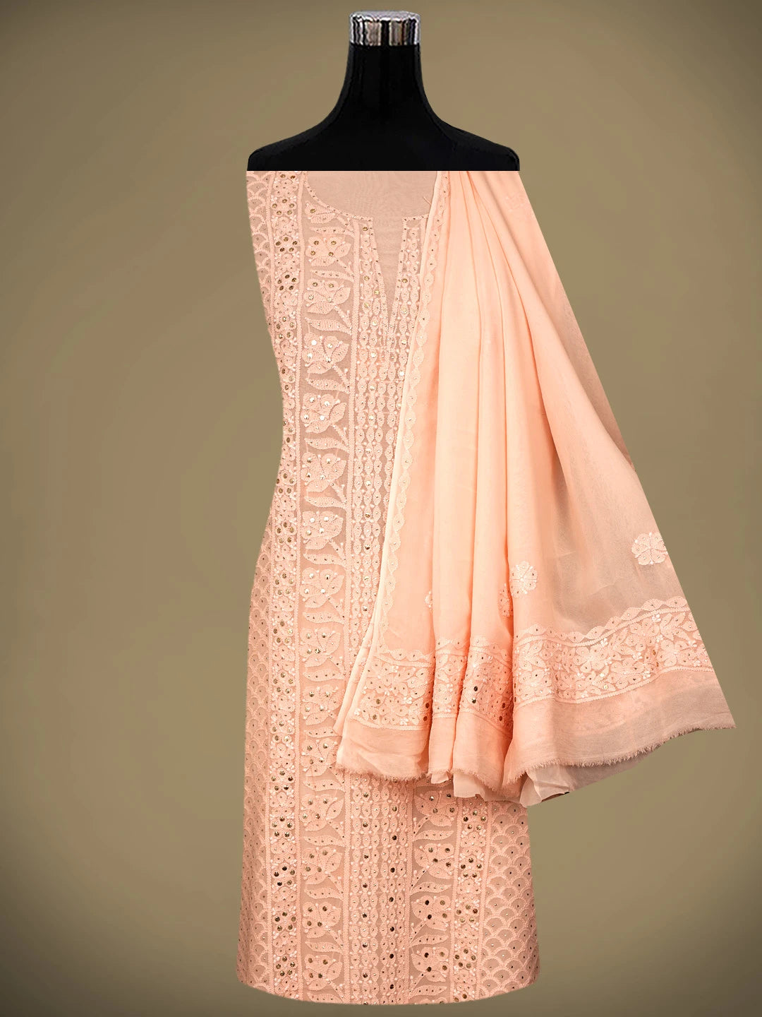 Ada Hand Embroidered Light Salmon Pink Viscose Georgette Lucknowi Chikankari Unstitched Kurta Dupatta Set With Mukaish/Muqaish 01A967069