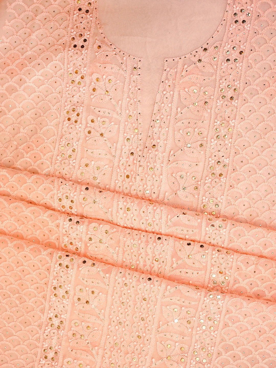 Ada Hand Embroidered Light Salmon Pink Viscose Georgette Lucknowi Chikankari Unstitched Kurta Dupatta Set With Mukaish/Muqaish 01A967069