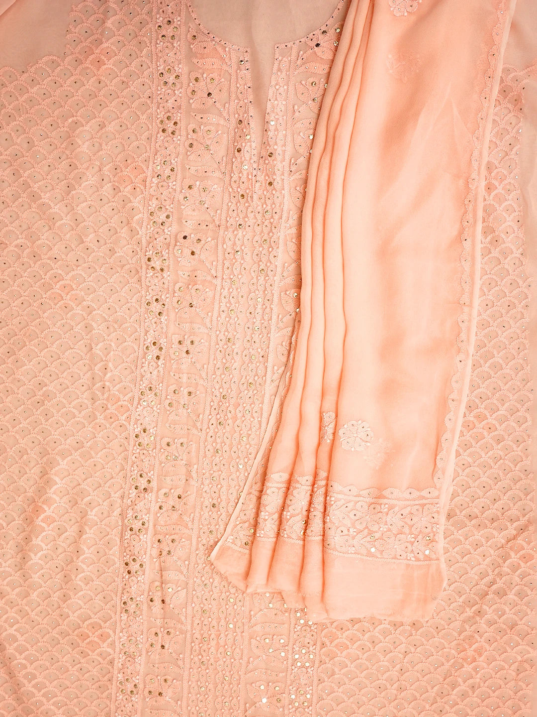 Ada Hand Embroidered Light Salmon Pink Viscose Georgette Lucknowi Chikankari Unstitched Kurta Dupatta Set With Mukaish/Muqaish 01A967069