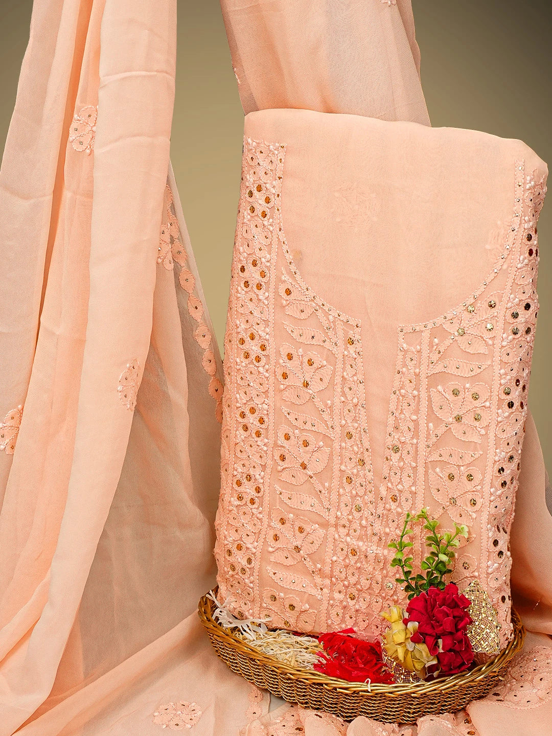 Ada Hand Embroidered Light Salmon Pink Viscose Georgette Lucknowi Chikankari Unstitched Kurta Dupatta Set With Mukaish/Muqaish 01A967069
