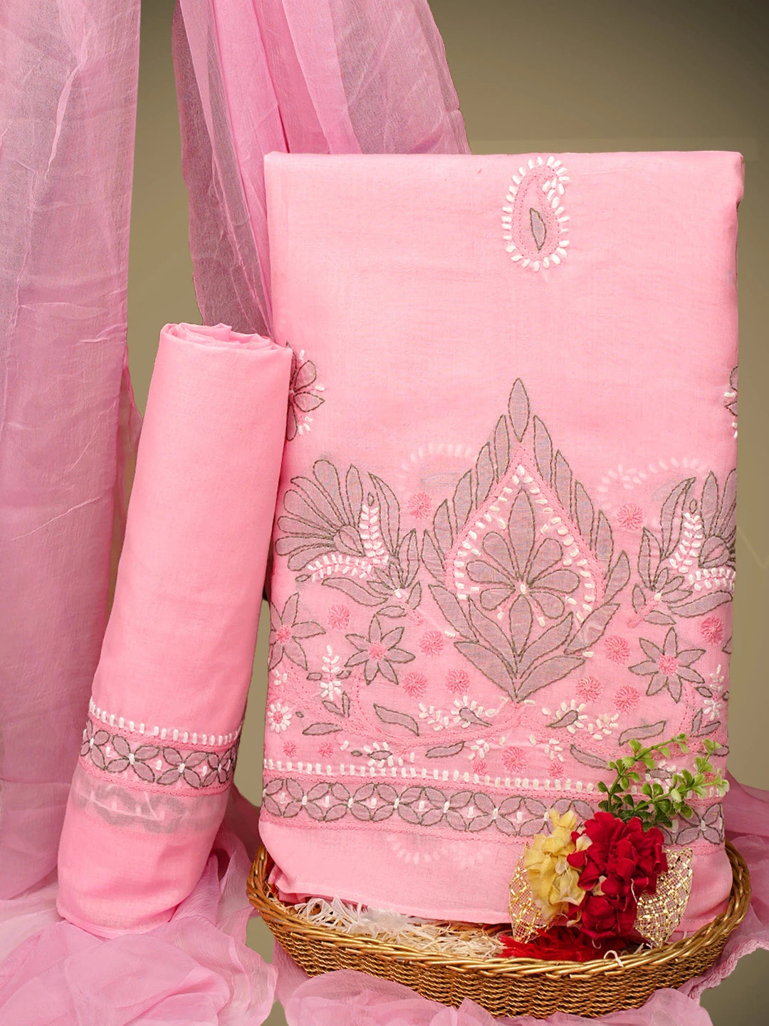 Ada Hand Embroidered Pink Cotton Lucknowi Chikankari Unstitched Suit Piece 01A882299