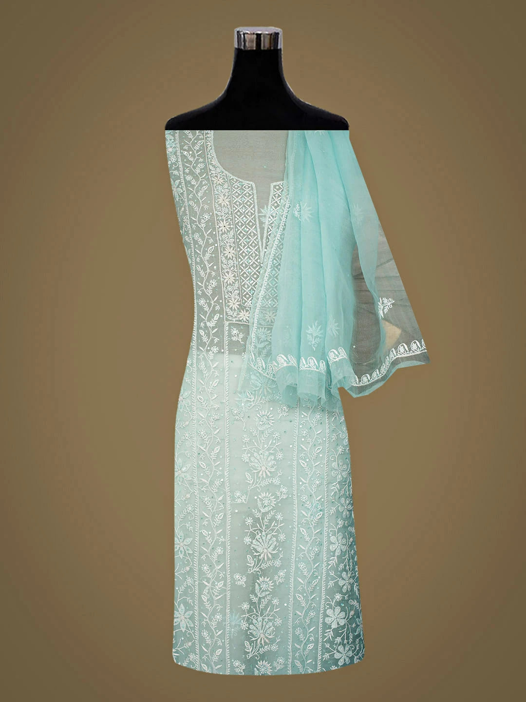 Ada Hand Embroidered Pastel Blue Organza Lucknowi Chikankari Unstitched Kurta Dupatta Set With Sequinned Work 01A908324