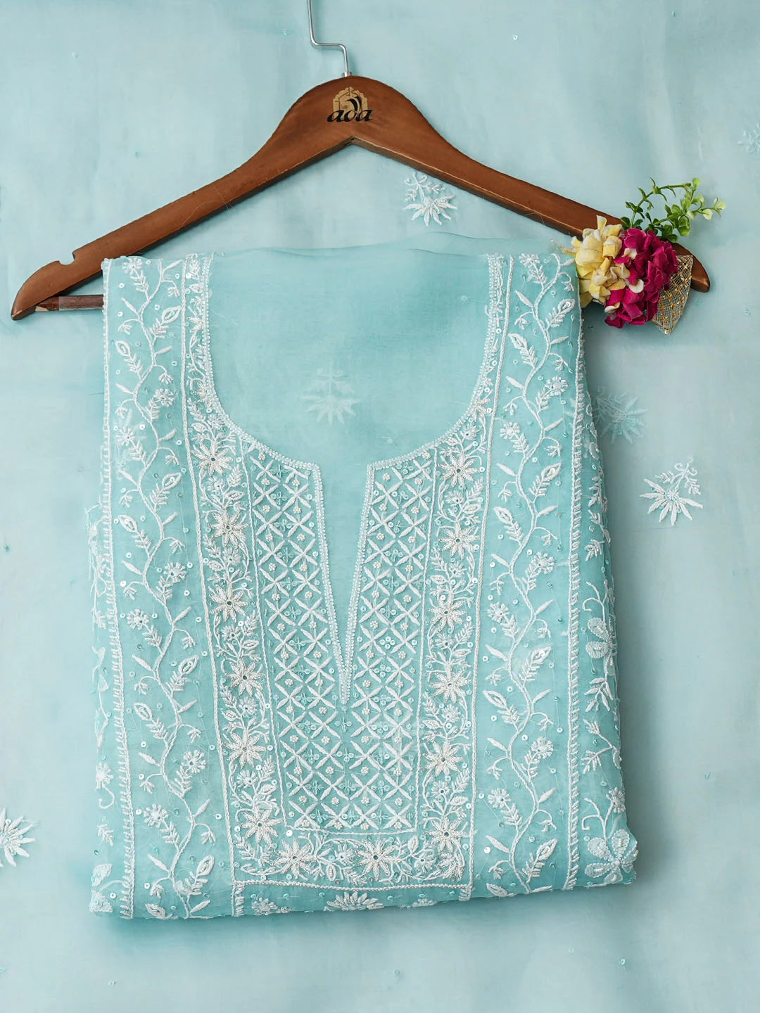 Ada Hand Embroidered Pastel Blue Organza Lucknowi Chikankari Unstitched Kurta Dupatta Set With Sequinned Work 01A908324