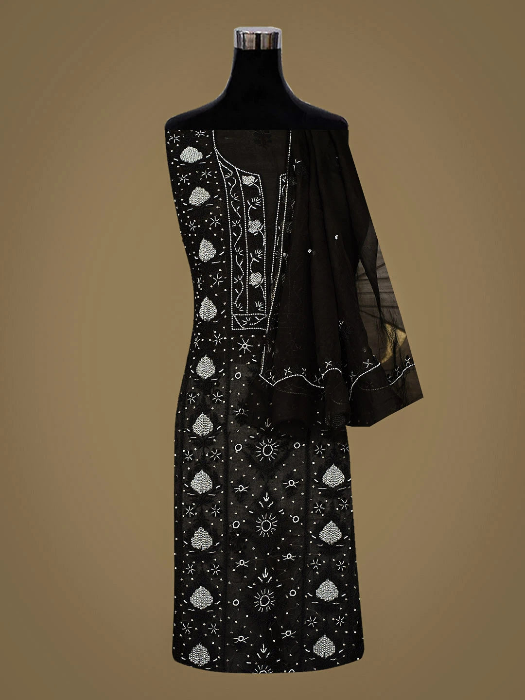 Ada Hand Embroidered Black Organza Lucknowi Chikankari Unstitched Kurta Dupatta Set With Sequinned Work 01A963487