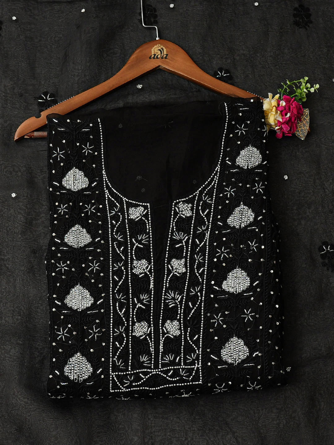 Ada Hand Embroidered Black Organza Lucknowi Chikankari Unstitched Kurta Dupatta Set With Sequinned Work 01A963487