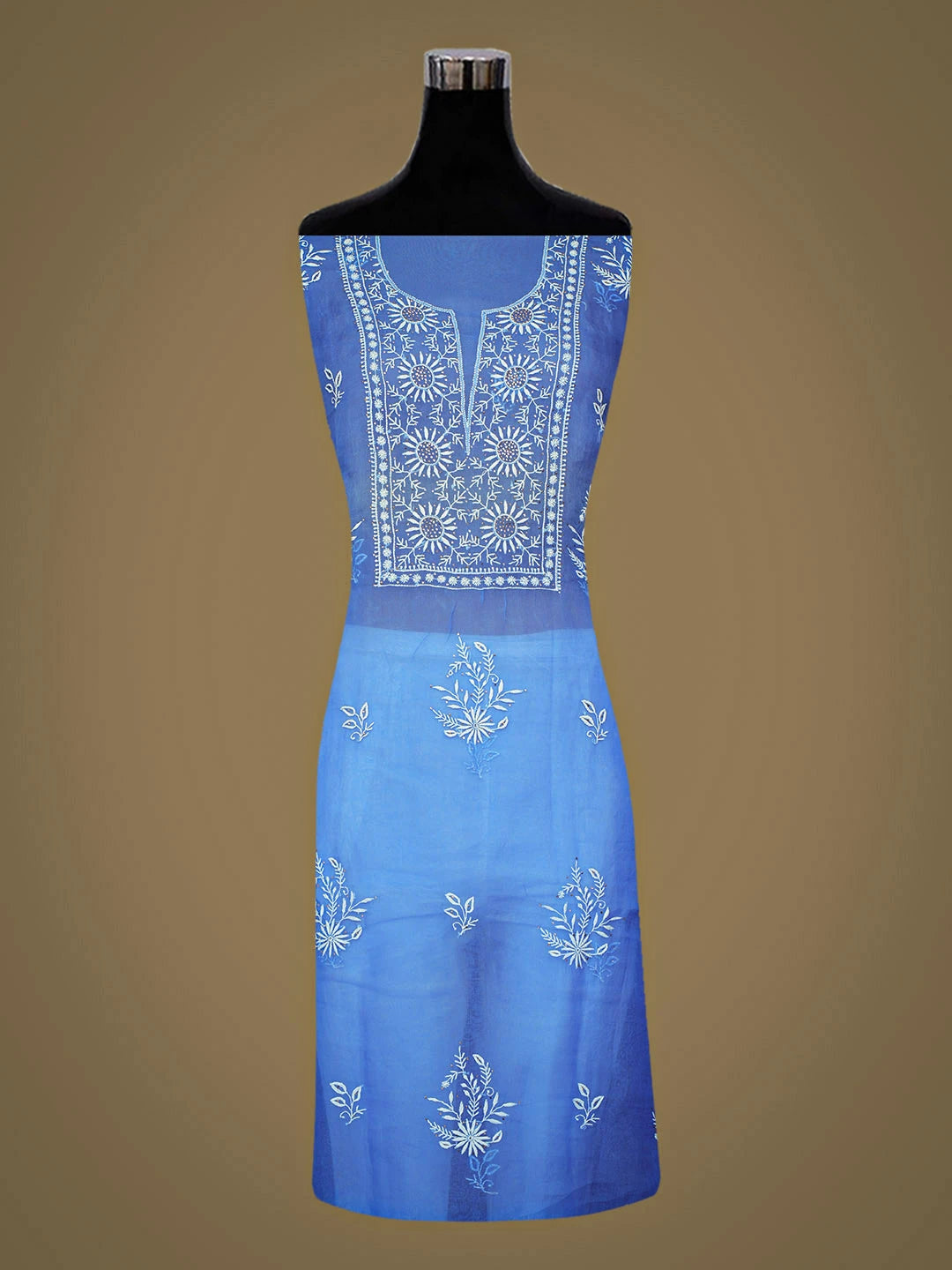 Ada Hand Embroidered True Blue Organza Lucknowi Chikankari Unstitched Kurta Dupatta Set With Muqaish Work 01A919852