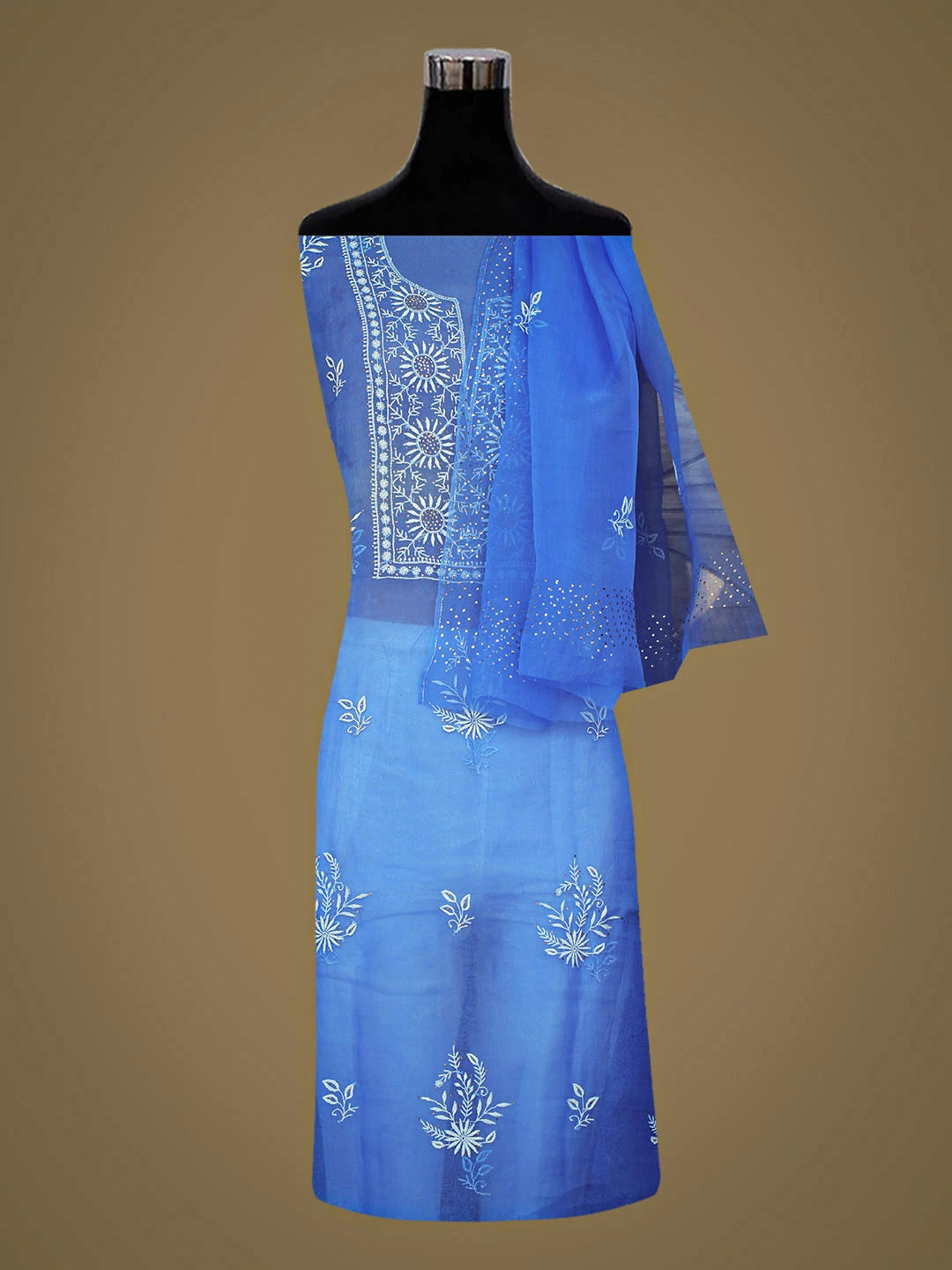 Ada Hand Embroidered True Blue Organza Lucknowi Chikankari Unstitched Kurta Dupatta Set With Muqaish Work 01A919852