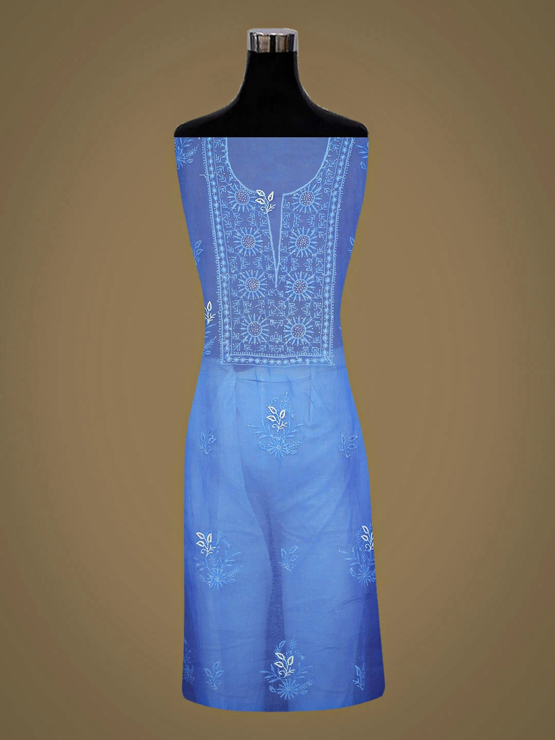 Ada Hand Embroidered True Blue Organza Lucknowi Chikankari Unstitched Kurta Dupatta Set With Muqaish Work 01A919852