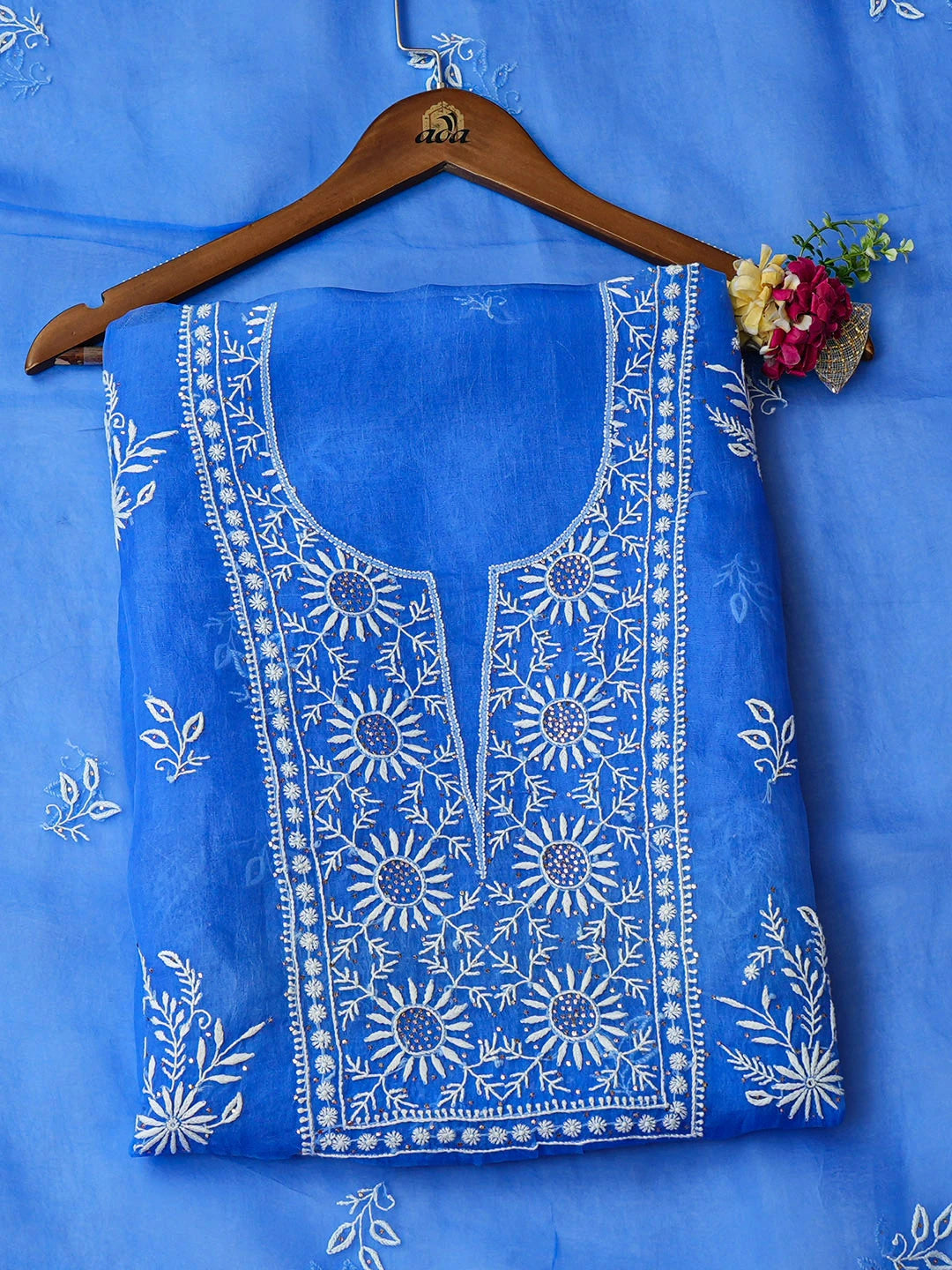 Ada Hand Embroidered True Blue Organza Lucknowi Chikankari Unstitched Kurta Dupatta Set With Muqaish Work 01A919852