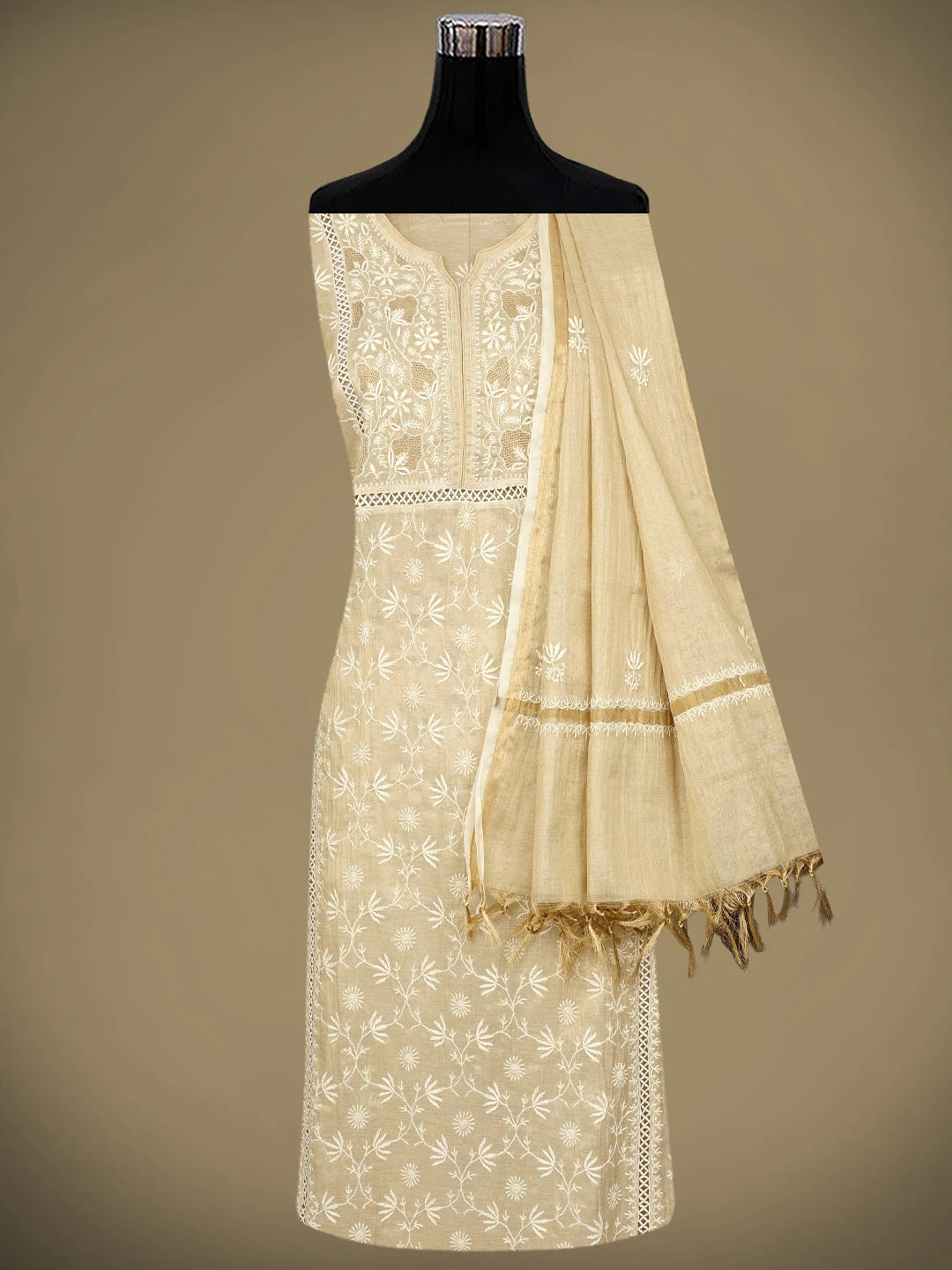 Ada Hand Embroidered Fawn Tissue Lucknowi Chikankari Semi Stitched Kurta Dupatta Set 07A500202