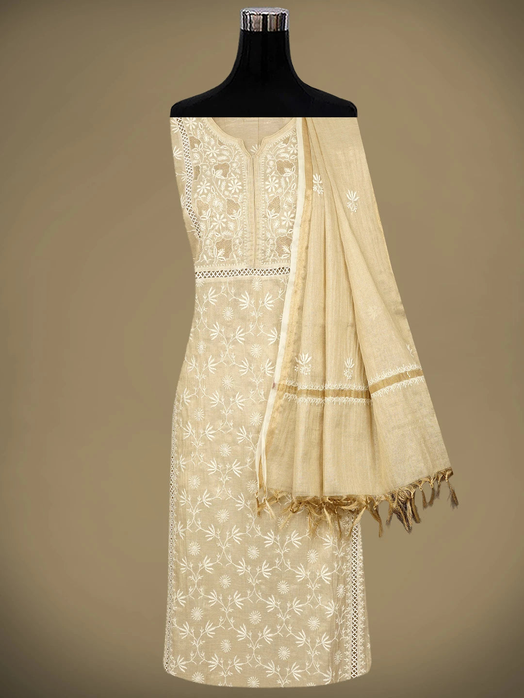 Ada Hand Embroidered Fawn Tissue Lucknowi Chikankari Semi Stitched Kurta Dupatta Set 07A500202