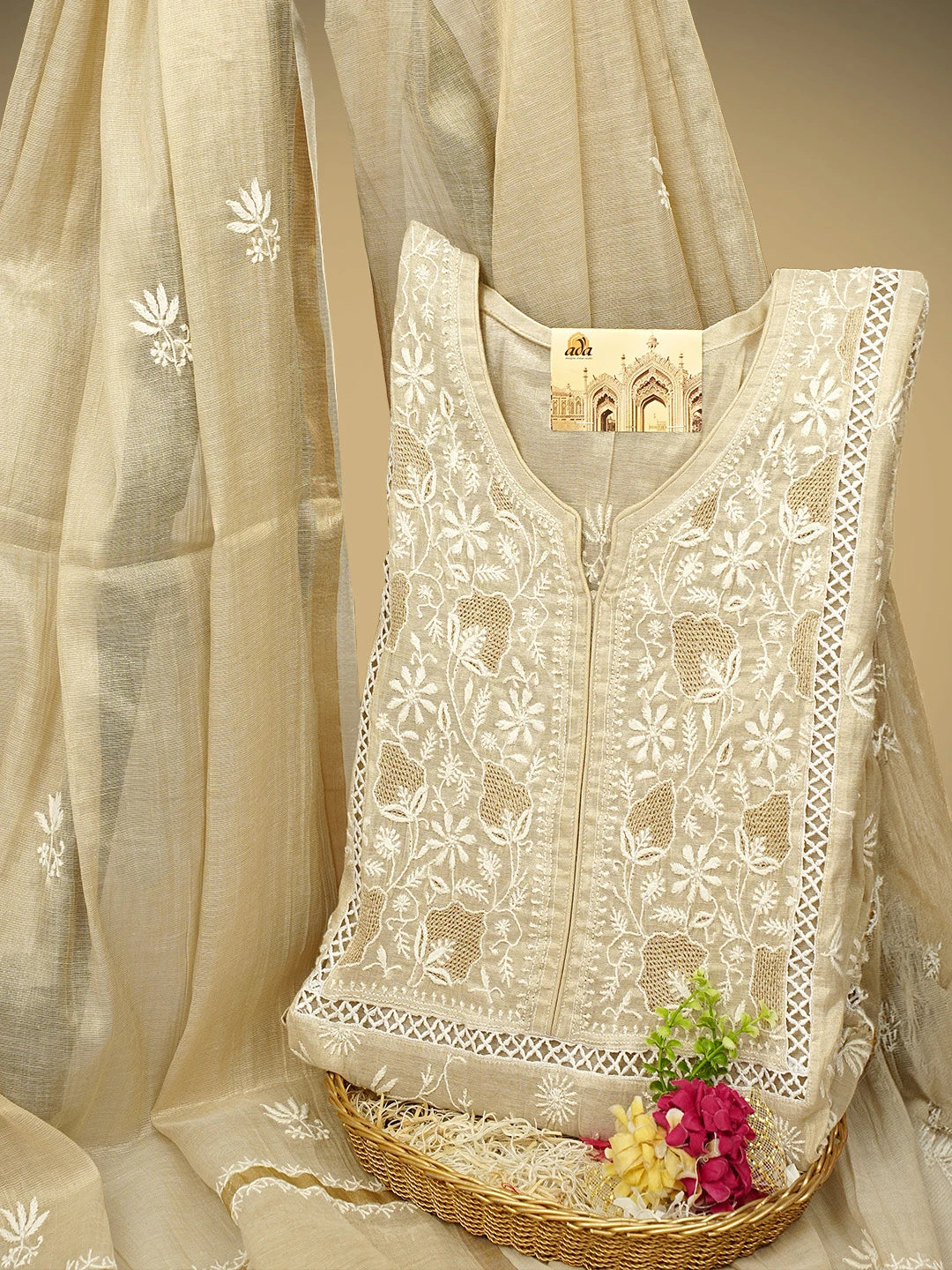 Ada Hand Embroidered Fawn Tissue Lucknowi Chikankari Semi Stitched Kurta Dupatta Set 07A500202