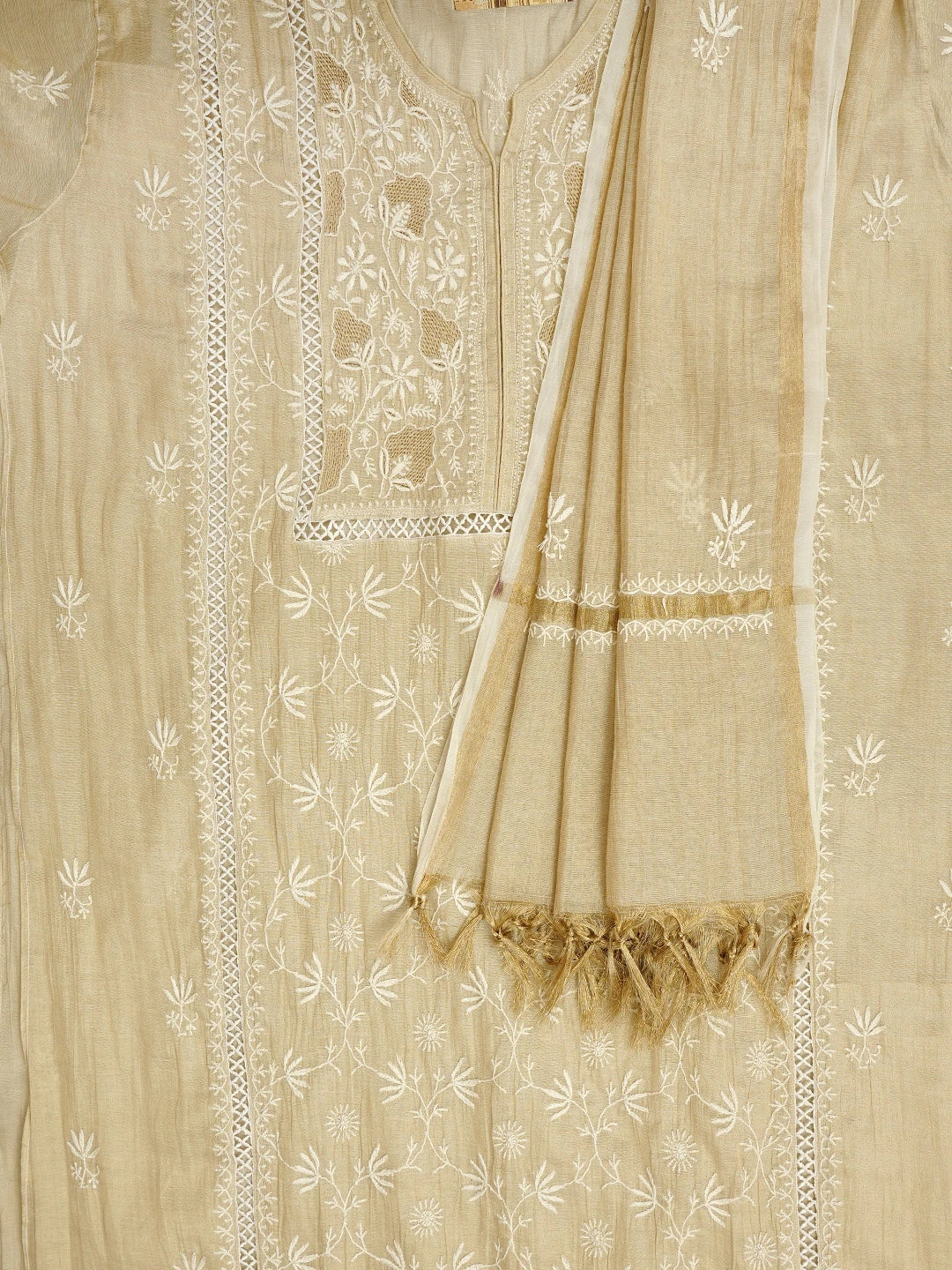 Ada Hand Embroidered Fawn Tissue Lucknowi Chikankari Semi Stitched Kurta Dupatta Set 07A500202
