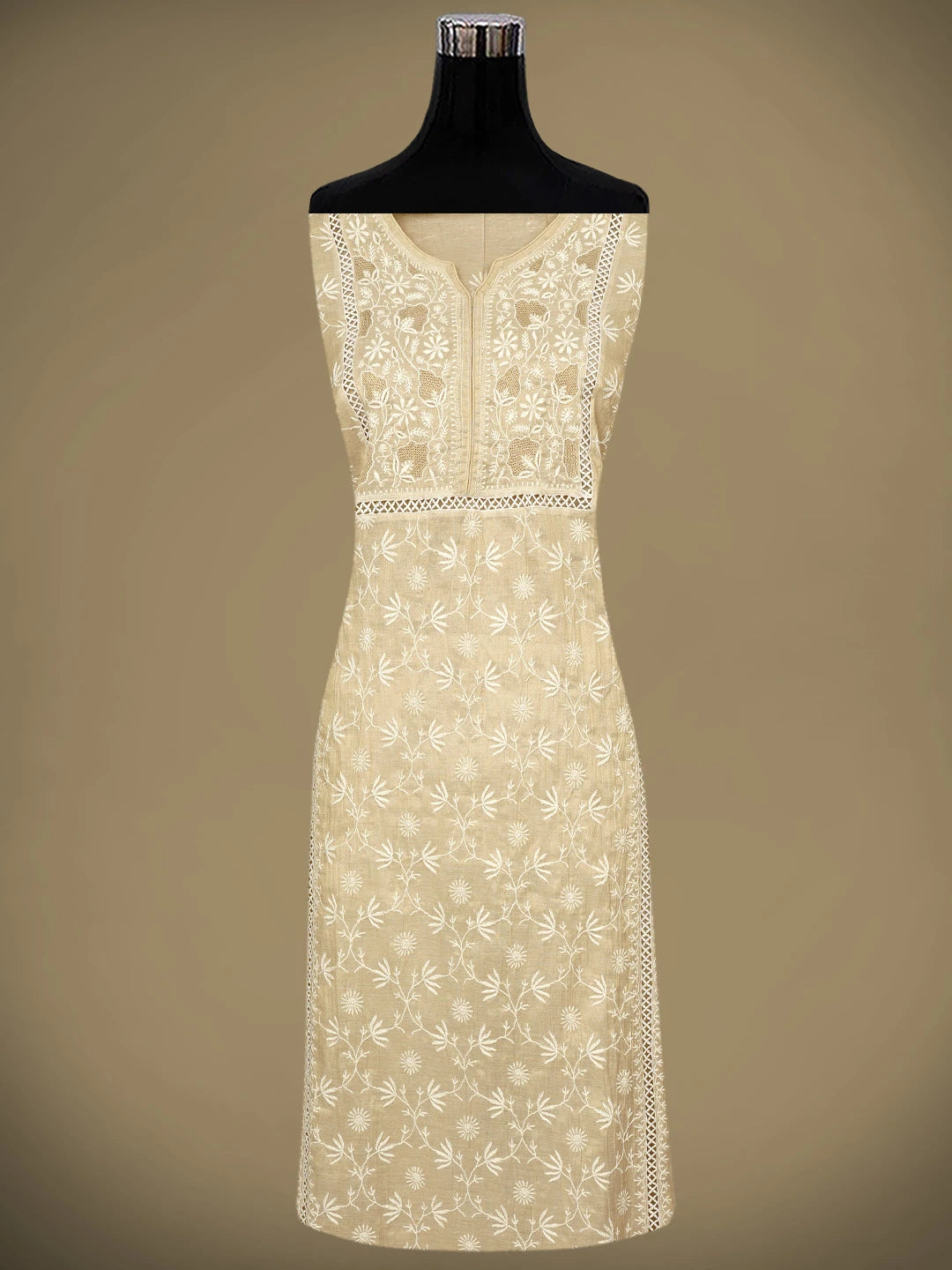 Ada Hand Embroidered Fawn Tissue Lucknowi Chikankari Semi Stitched Kurta Dupatta Set 07A500202