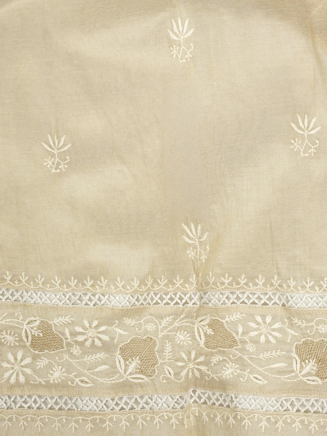 Ada Hand Embroidered Fawn Tissue Lucknowi Chikankari Semi Stitched Kurta Dupatta Set 07A500202