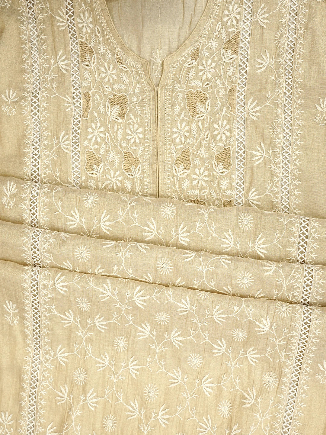 Ada Hand Embroidered Fawn Tissue Lucknowi Chikankari Semi Stitched Kurta Dupatta Set 07A500202
