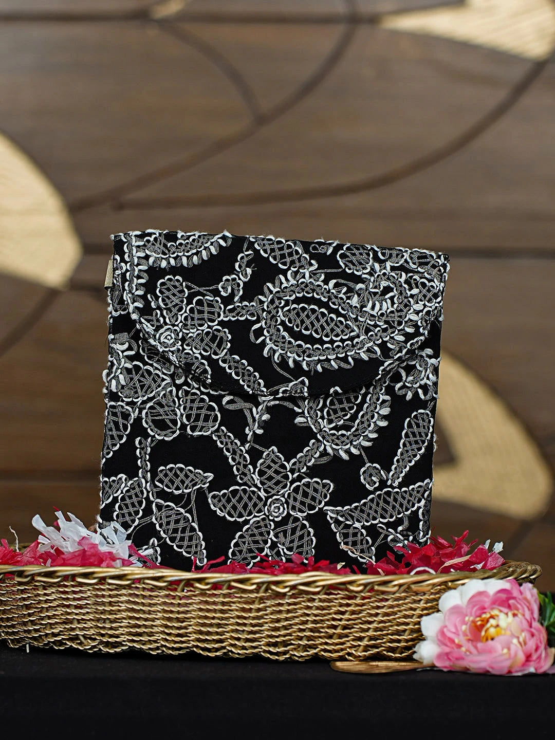 Ada Hand Embroidered Black Faux Georgette Lucknowi Chikankari Pouch 01A916334