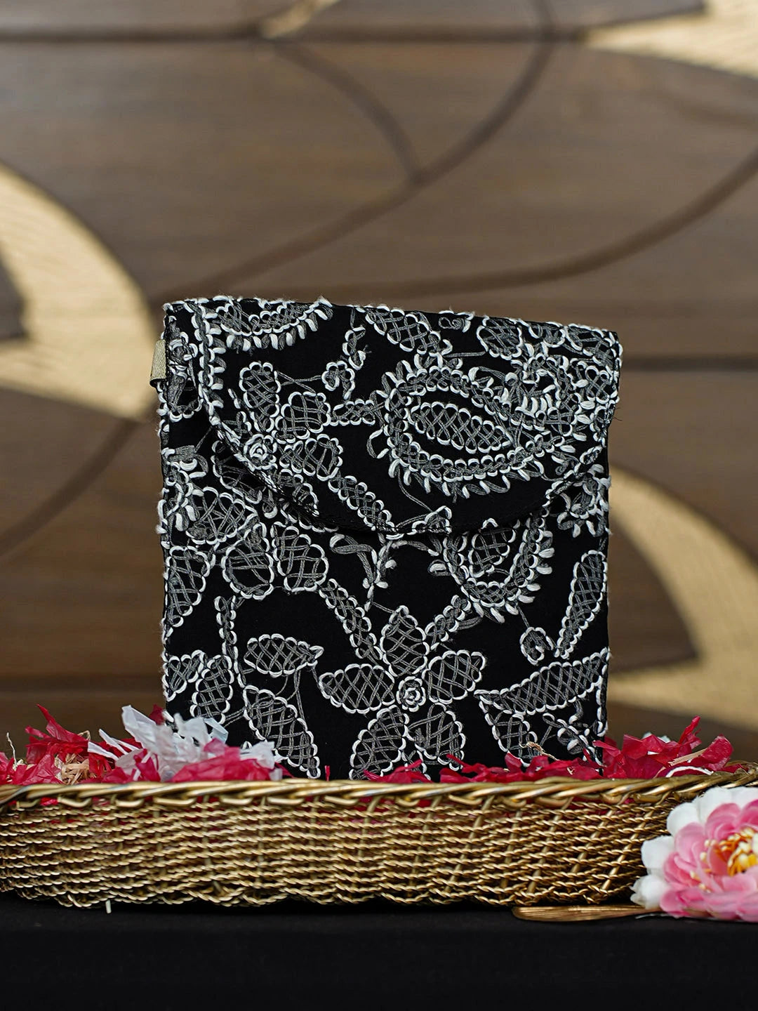 Ada Hand Embroidered Black Faux Georgette Lucknowi Chikankari Pouch 01A916334