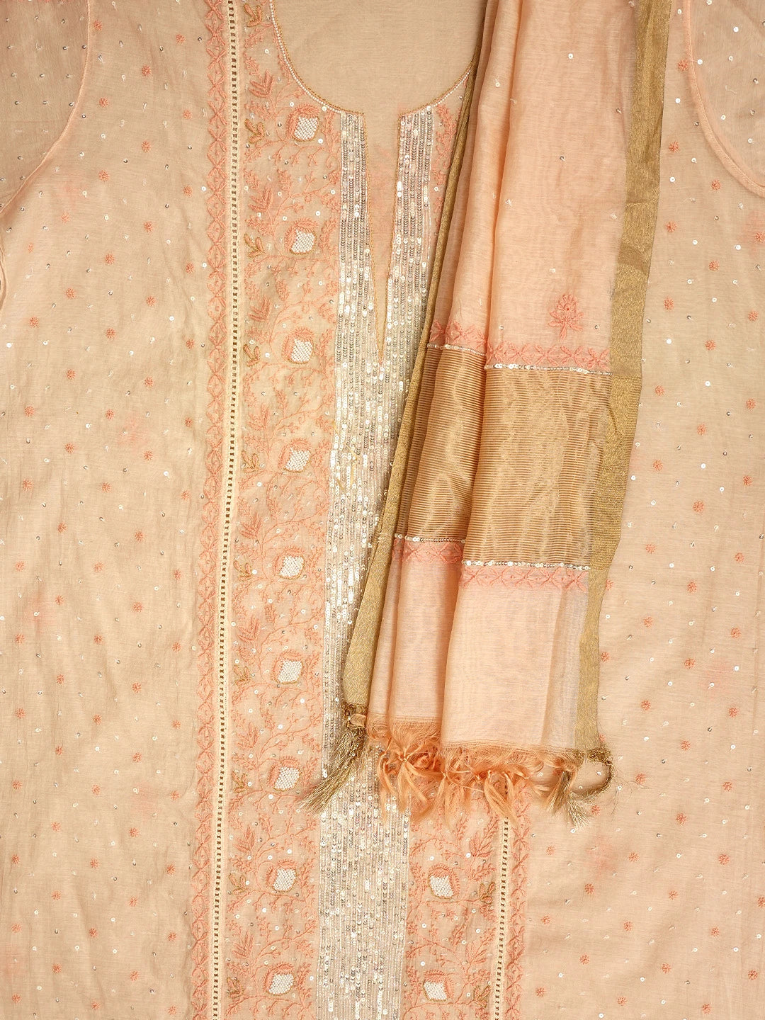 Ada Hand Embroidered Light Peach Chanderi Lucknowi Chikankari Semi Stitched Kurta Dupatta Set With Sequinned Work 01A712665
