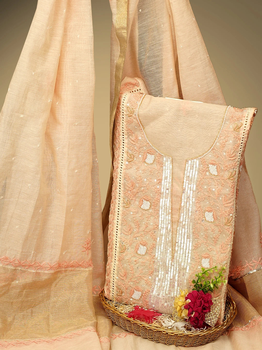 Ada Hand Embroidered Light Peach Chanderi Lucknowi Chikankari Semi Stitched Kurta Dupatta Set With Sequinned Work 01A712665