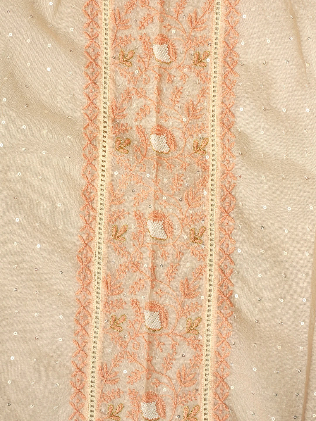 Ada Hand Embroidered Light Peach Chanderi Lucknowi Chikankari Semi Stitched Kurta Dupatta Set With Sequinned Work 01A712665
