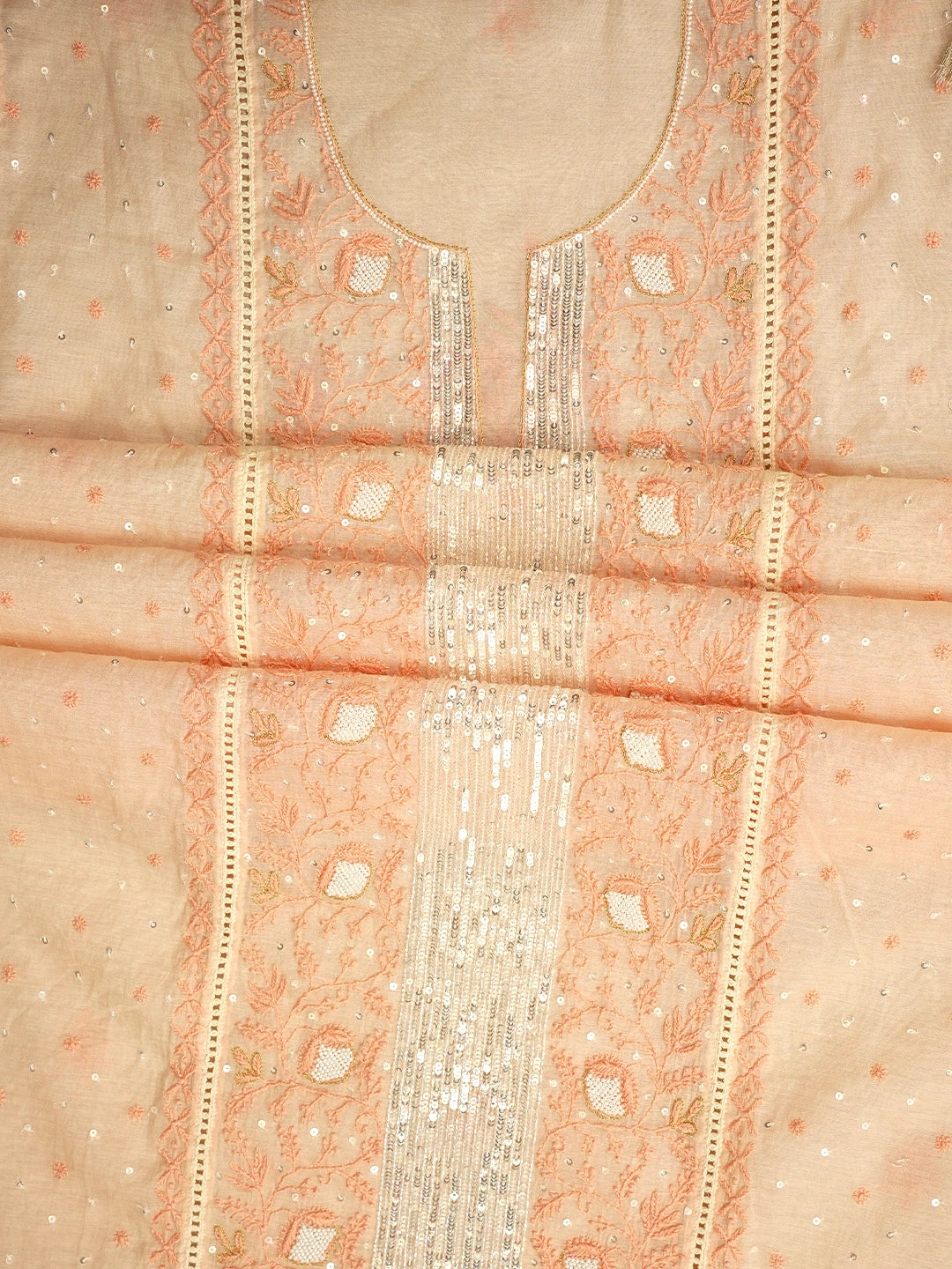 Ada Hand Embroidered Light Peach Chanderi Lucknowi Chikankari Semi Stitched Kurta Dupatta Set With Sequinned Work 01A712665