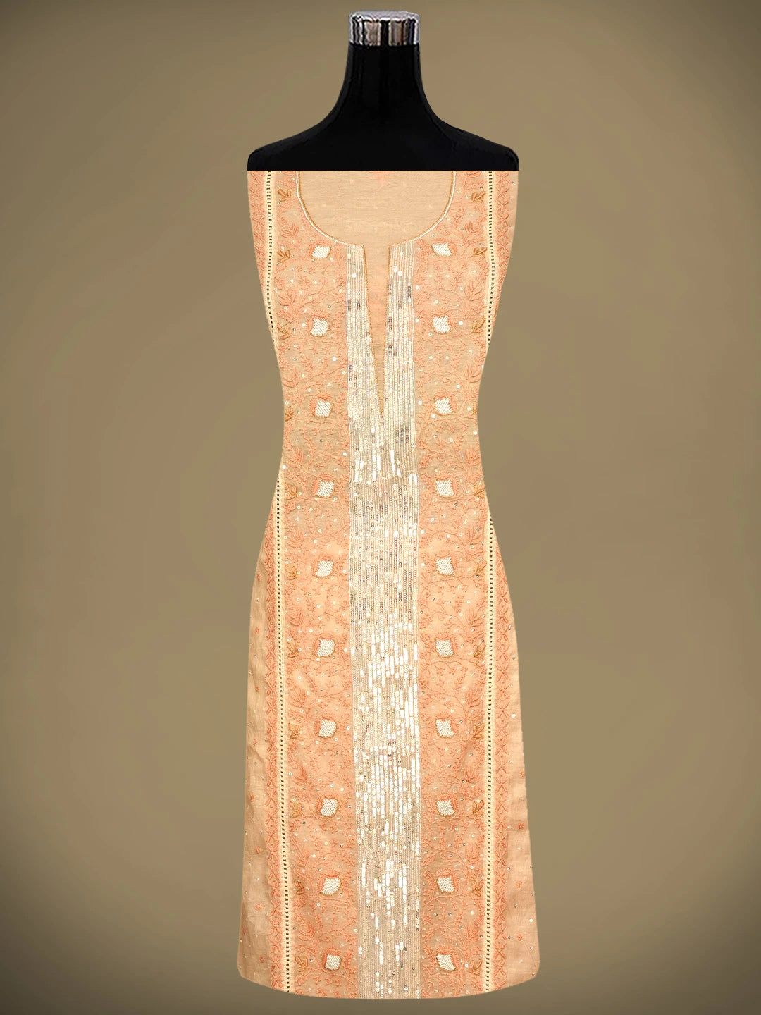 Ada Hand Embroidered Light Peach Chanderi Lucknowi Chikankari Semi Stitched Kurta Dupatta Set With Sequinned Work 01A712665